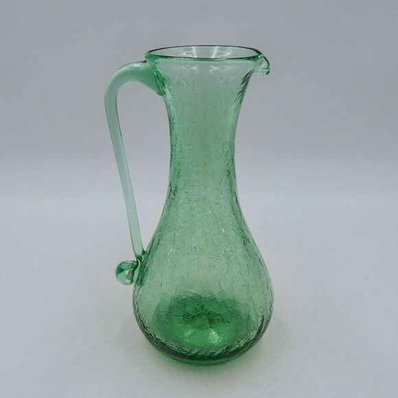 Crackle Glass Mini Pitcher Cruet Hand Blown 7 Inch Green Applied Handle - Picture 3 of 9